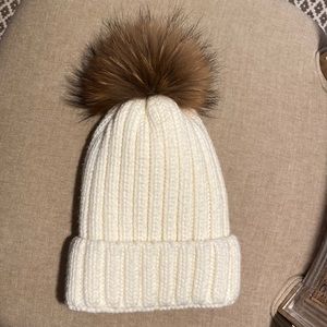 Cream beanie with real fur ball